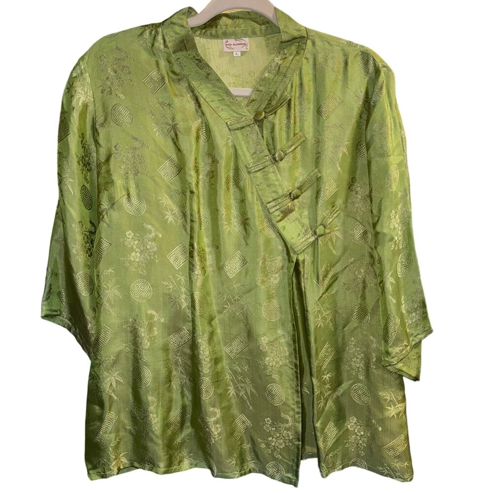 100% SILK JACQUARD|‎ VINTAGE RED BLOSSOM| WOMENS KIMONO STYLE TOP| SIZE LARGE